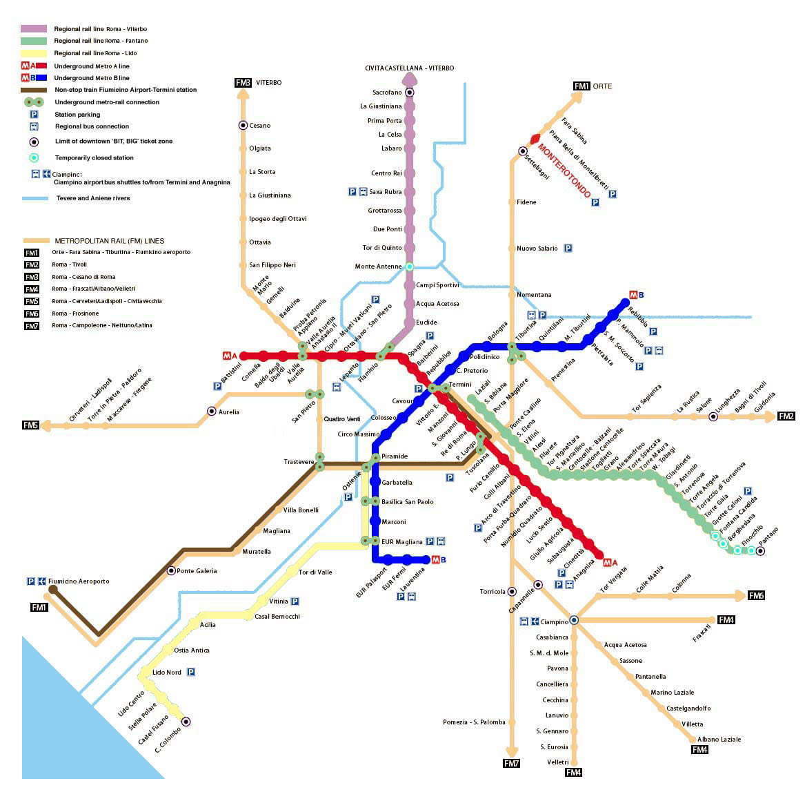 Róma metro és elővárosi vasuti térkép
